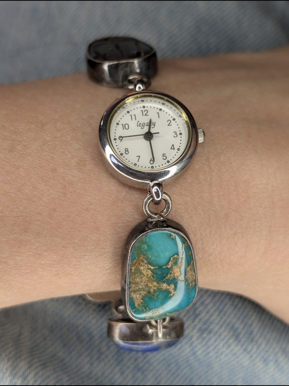 Signed J. Yates Navajo Sterling Silver Watch - Turquoise, Spiny Oyster, Scarab - Picture 2 of 12